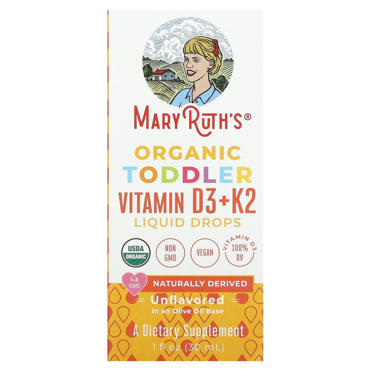 MaryRuth Organics, Organic Toddler Vitamin D3 + K2 Liquid Drops, 1-3 Years, Unflavored, 1 fl oz (30 ml) - Supply Center USA