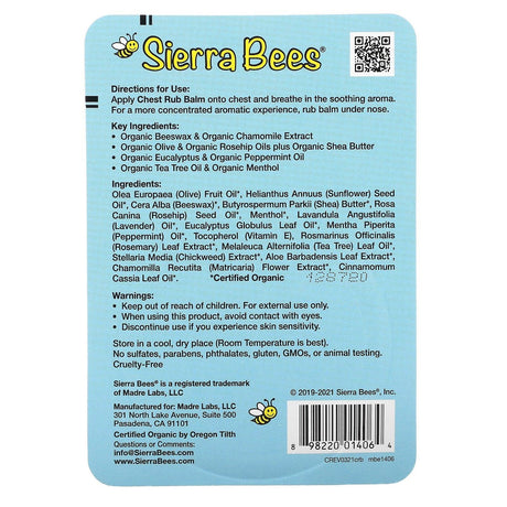 Sierra Bees, Chest Rub Balm, Eucalyptus & Peppermint, 0.6 oz (17 g) - Supply Center USA