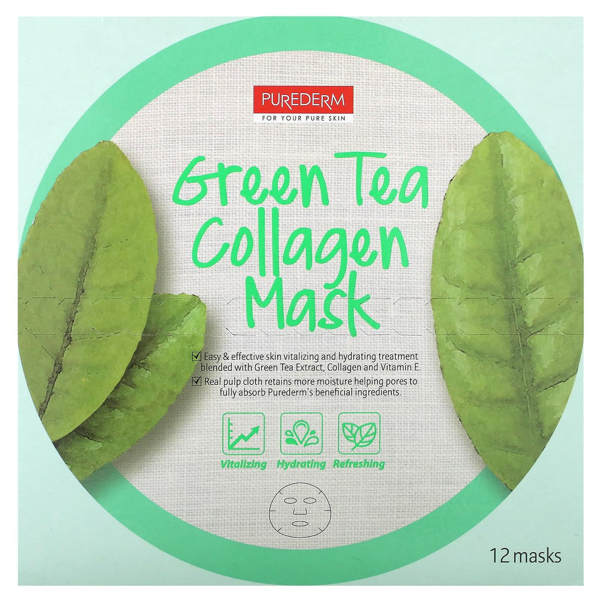 Purederm, Green Tea Collagen Beauty Mask, 12 Sheets, 0.63 oz (18 g) Each - Supply Center USA