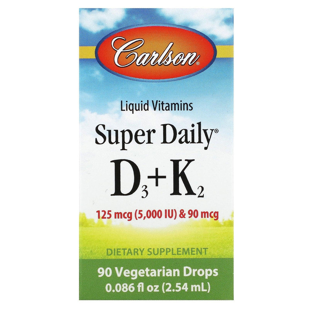 Carlson, Super Daily D3 + K2, 125 mcg (5,000 IU) & 90 mcg, 90 Vegetarian Drops, 0.086 fl oz (2.54 ml) - Supply Center USA