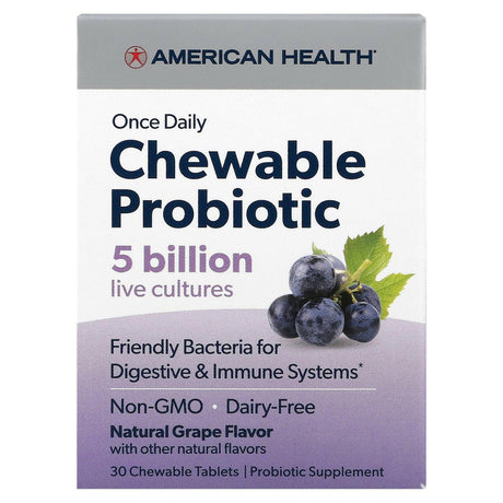 American Health, Once Daily Chewable Probiotic, Natural Grape , 5 Billion CFU, 30 Chewable Tablets - Supply Center USA