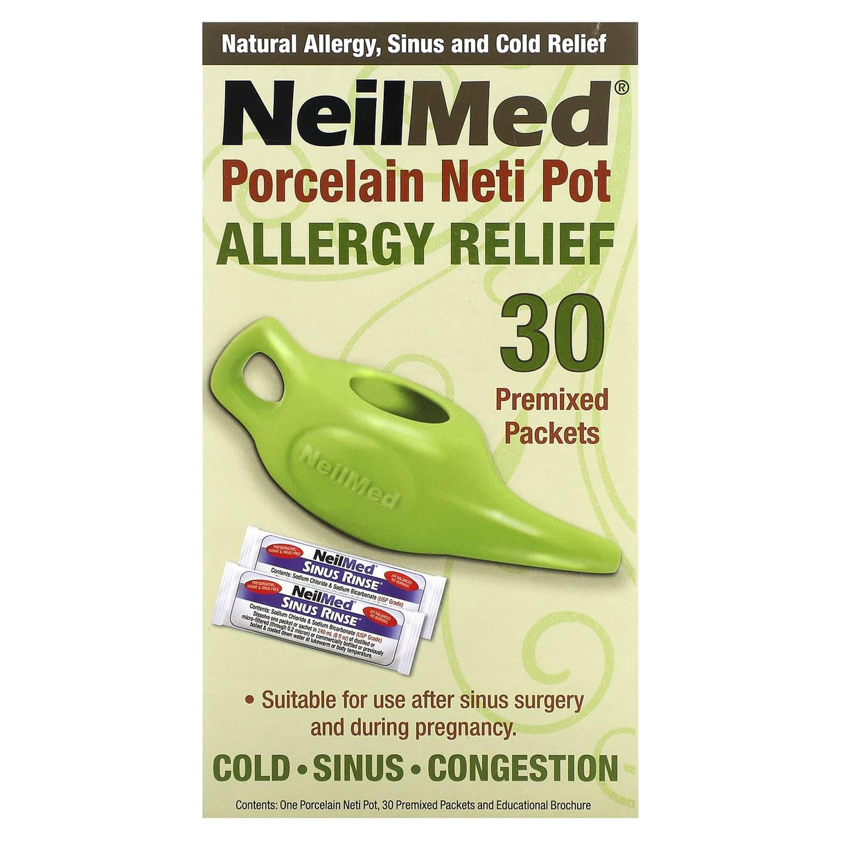 NeilMed, Porcelain Neti Pot, Allergy Relief, 1 Pot, 30 Premixed Packets - Supply Center USA