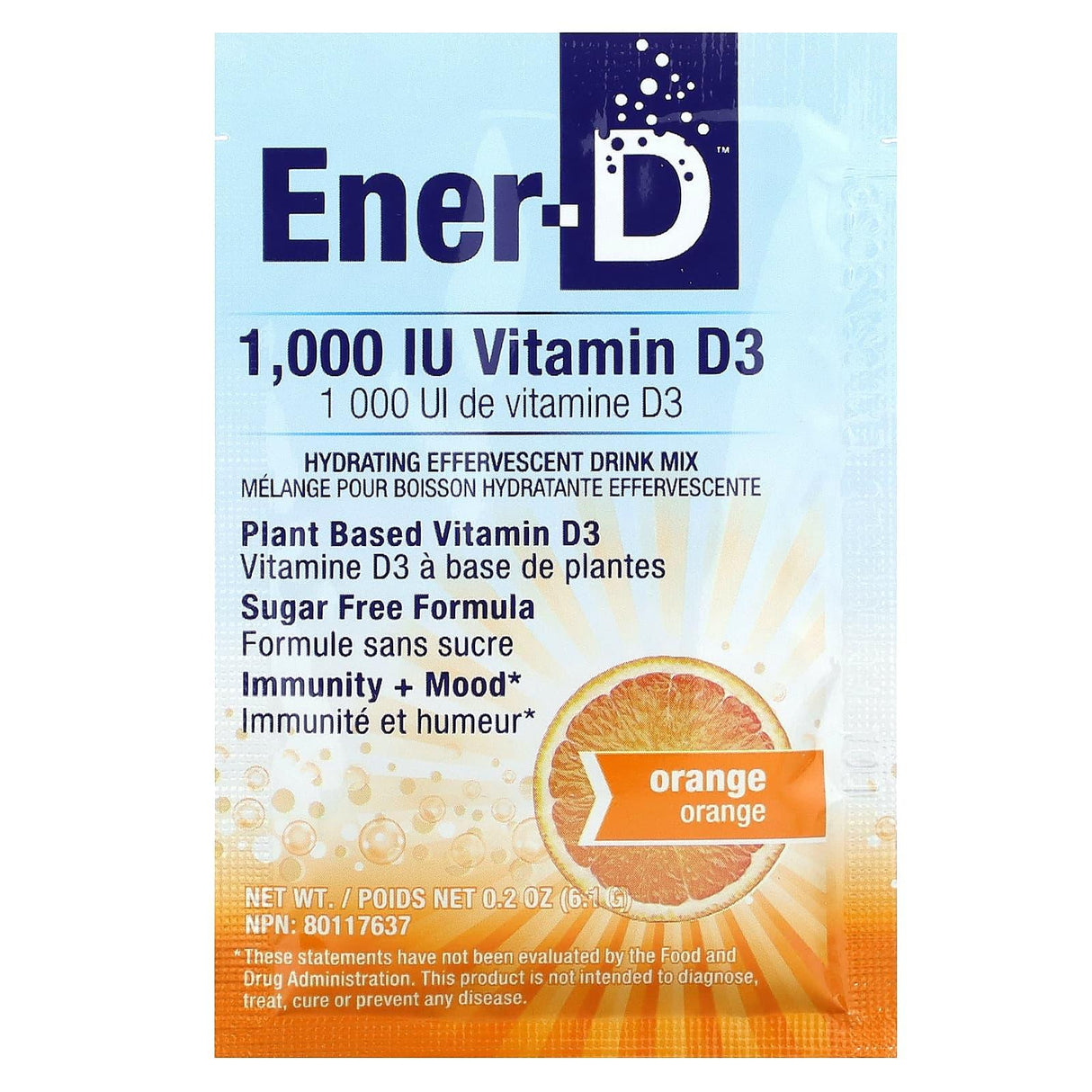 Ener-C, Ener-D, Vitamin D3, Hydrating Effervescent Drink Mix, Sugar Free, Orange, 1,000 mg, 24 Packets - Supply Center USA