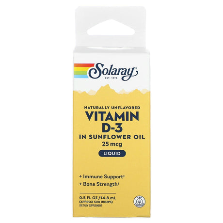 Solaray, Vitamin D-3 In Sunflower Oil, Naturally Unflavored, 25 mcg, 0.5 fl oz (14.8 ml) - Supply Center USA