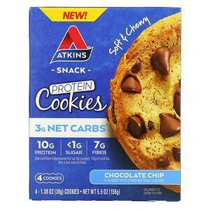 Atkins, Snack, Protein Cookies, Chocolate Chip, 4 Cookies, 1.38 oz (39 g) Each - Supply Center USA