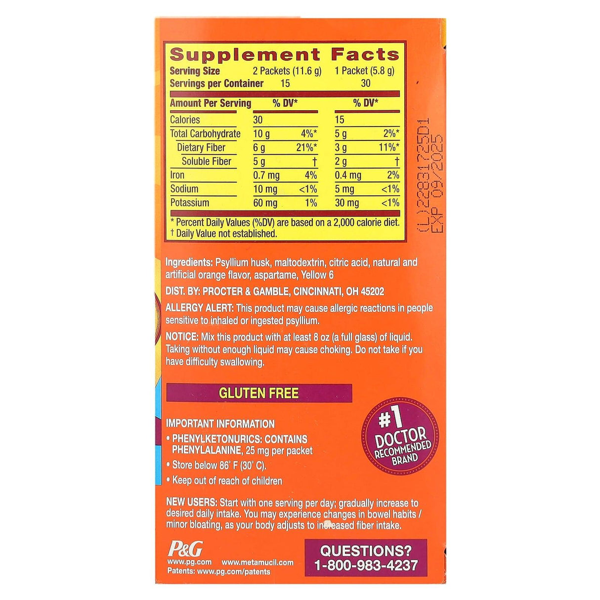 Metamucil, On-The-Go, 4-in-1 Fiber, Sugar-Free, Orange, 30 Powder Packets, 0.21 oz (5.8 g) Each - Supply Center USA