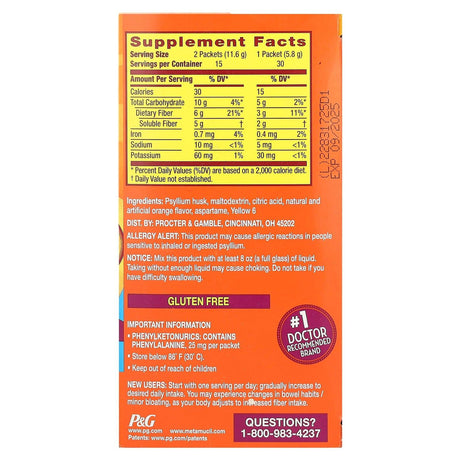 Metamucil, On-The-Go, 4-in-1 Fiber, Sugar-Free, Orange, 30 Powder Packets, 0.21 oz (5.8 g) Each - Supply Center USA