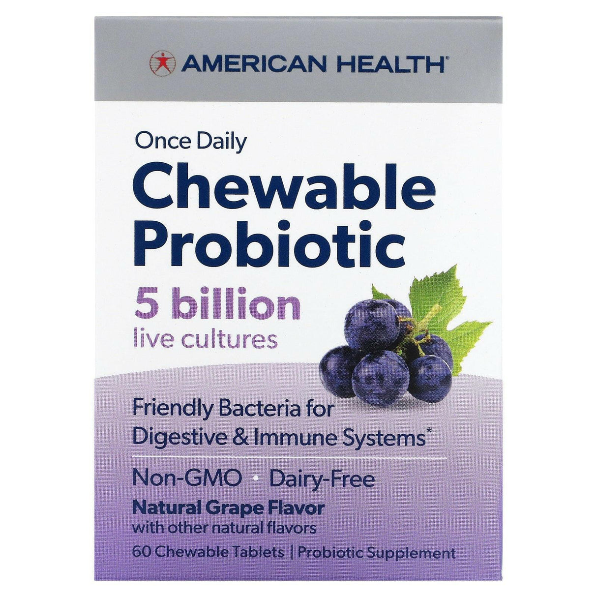 American Health, Once Daily Chewable Probiotic, Natural Grape , 5 Billion CFU, 60 Chewable Tablets - Supply Center USA