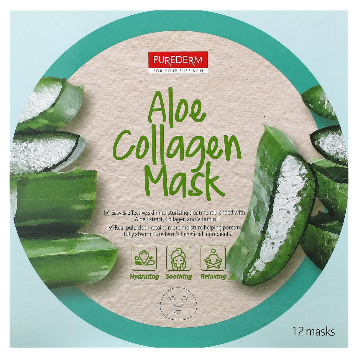 Purederm, Aloe Collagen Beauty Mask, 12 Sheets, 0.63 oz (18 g) Each - Supply Center USA