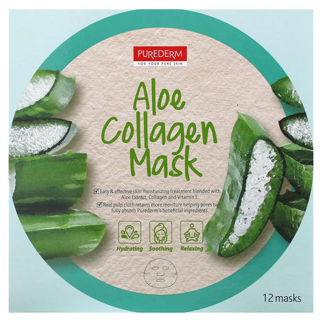 Purederm, Aloe Collagen Beauty Mask, 12 Sheets, 0.63 oz (18 g) Each - Supply Center USA