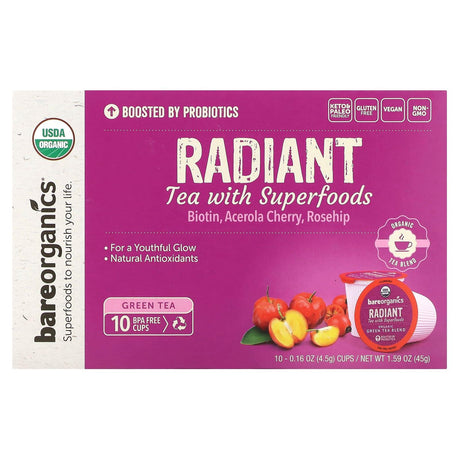 BareOrganics, Radiant, Tea with Superfoods, Green Tea, 10 Cups, 0.16 oz (4.5 g) Each - Supply Center USA