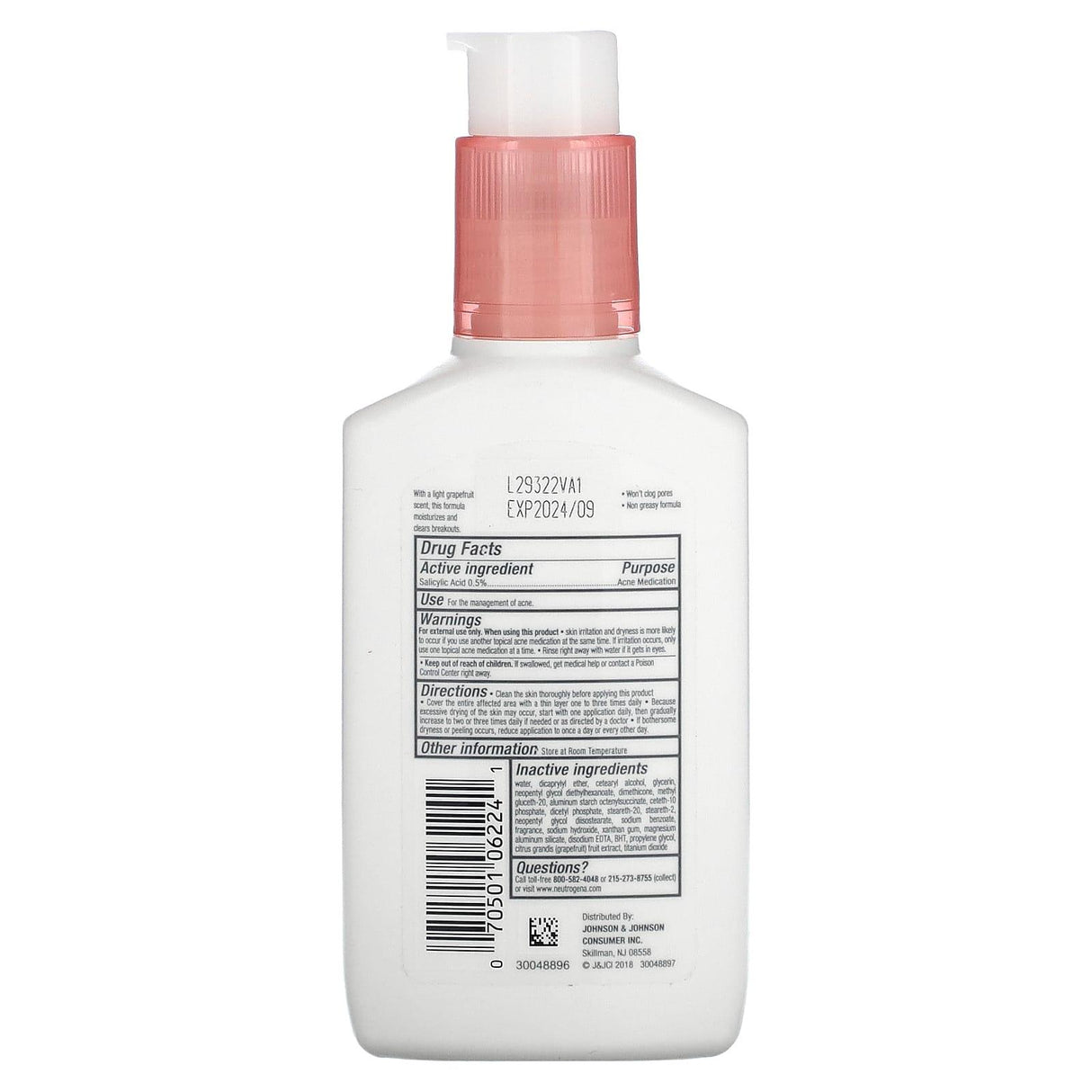 Neutrogena, Oil-Free Acne Moisturizer, Pink Grapefruit, 4 fl oz (118 ml) - Supply Center USA