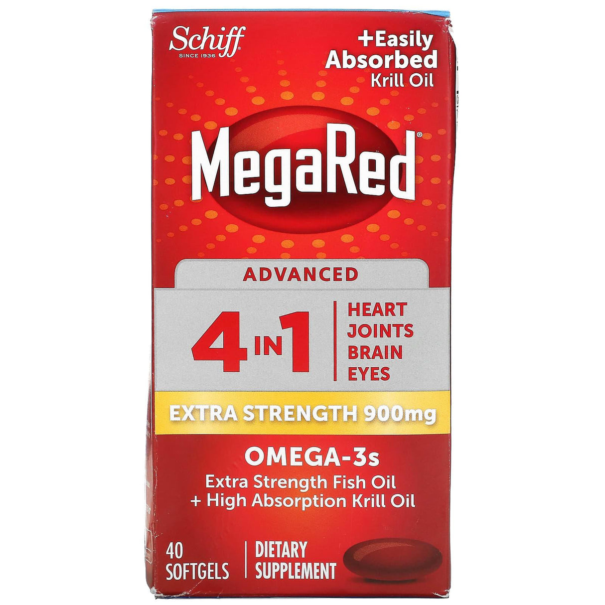 Schiff, MegaRed, Advanced 4 In 1 Omega-3s, Extra Strength, 900 mg, 40 Softgels - Supply Center USA