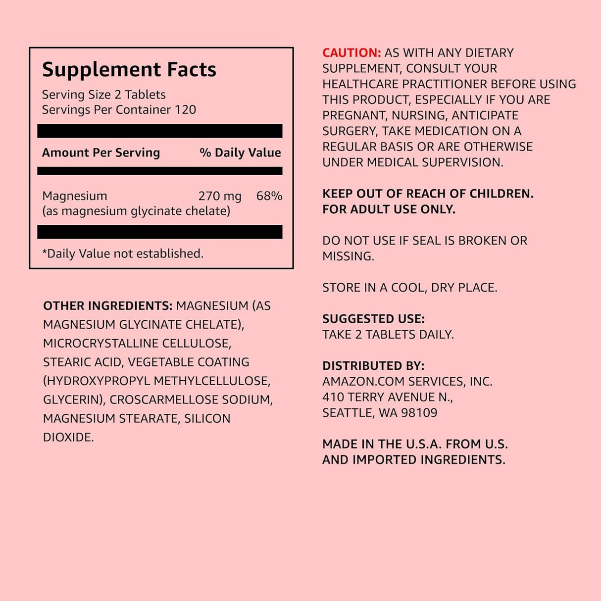 Amazon Elements Chelated Magnesium Glycinate, 270 Mg per Serving (2 Tablets), Vegan, 240 Tablets (Packaging May Vary)