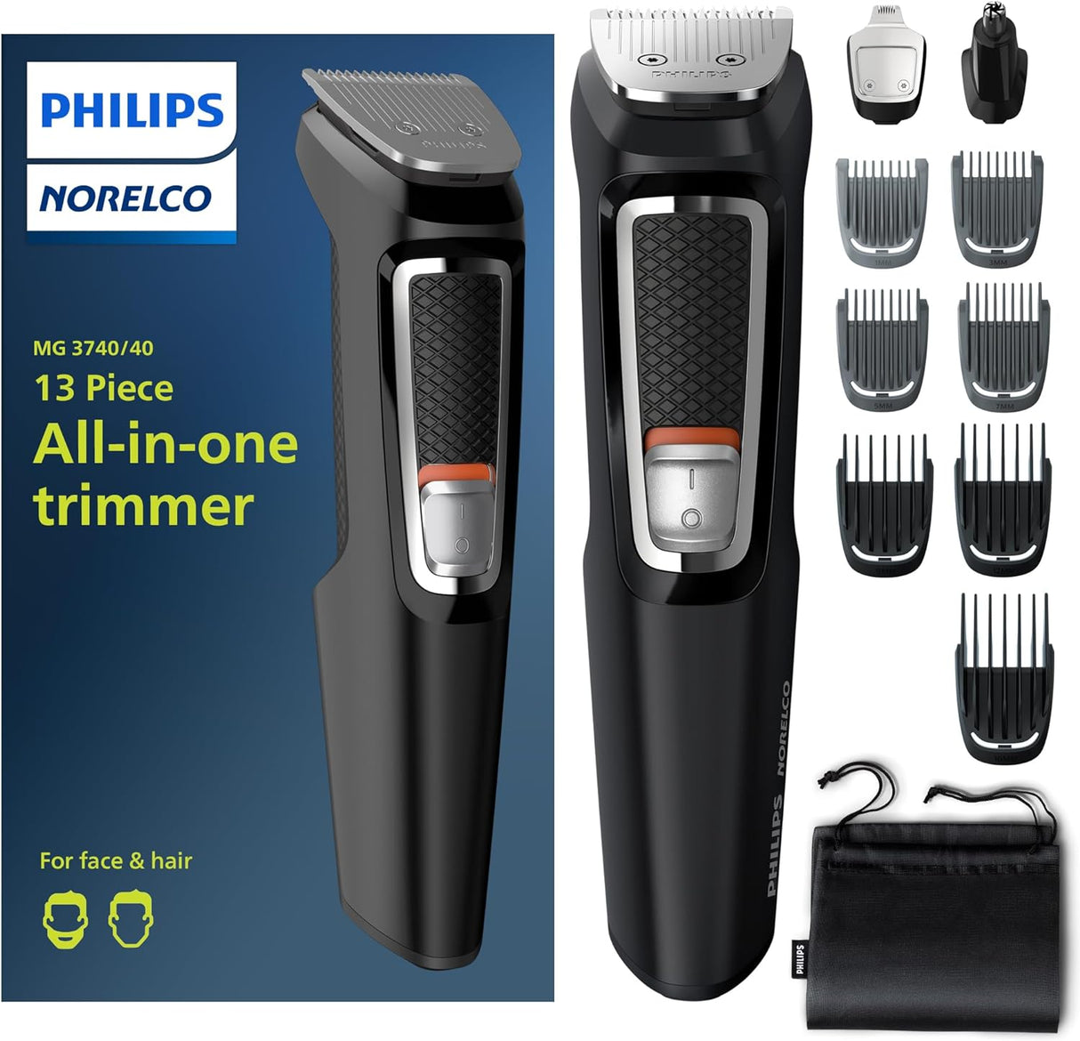 Philips Norelco Multi Groomer All-In-One Trimmer Series 3000-13 Piece Mens Grooming Kit for Beard, Face, Nose, Ear Hair Trimmer and Hair Clipper - NO Blade Oil Needed, MG3740/40