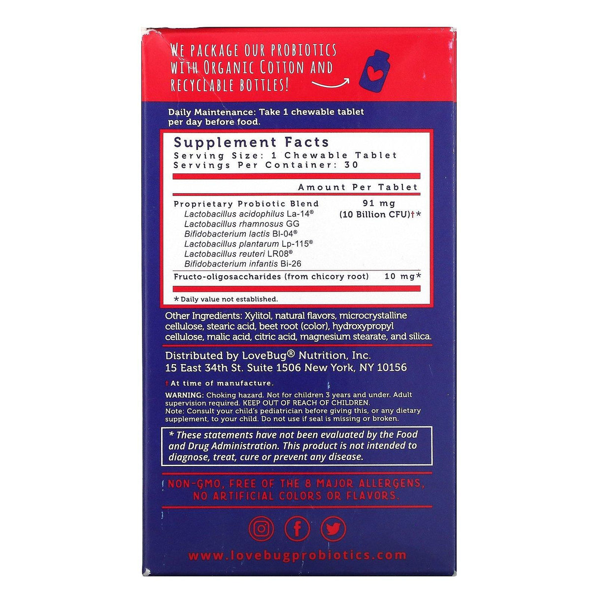 LoveBug Probiotics, Kids Probiotics, Delicious Berry, 10 Billion CFU, 30 Chewable Tablets - Supply Center USA