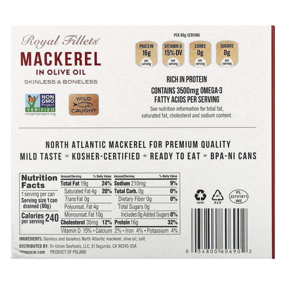 King Oscar, Royal Fillets, Mackerel In Olive Oil, 6 Pack, 4.05 oz (115 g) Each - Supply Center USA