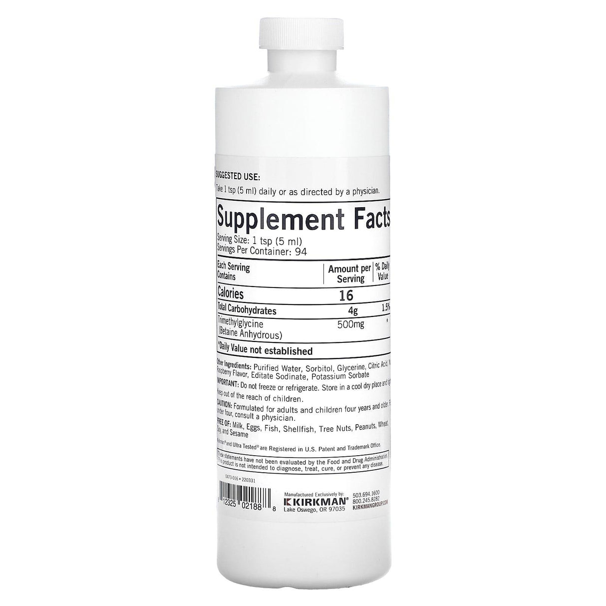 Kirkman Labs, TMG Liquid, Natural Raspberry, 16 fl oz (473 ml) - Supply Center USA