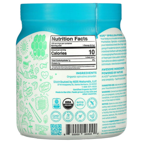 KOS, Organic Spirulina Powder, 13.5 oz (381.5 g) - Supply Center USA