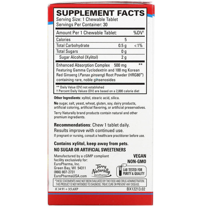 Terry Naturally, HRG80 Red Ginseng Energy, 30 Easy Chew Tablets - HealthCentralUSA