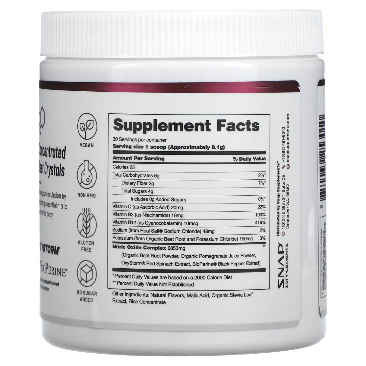 Snap Supplements, Nitric Oxide, Organic Beets, Original Berry, 8.8 oz (250 g) - Supply Center USA