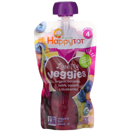 Happy Family Organics, Happy Tot, Stage 4, Love My Veggies, Organic Bananas, Beet, Squash & Blueberries, 4 Pouches, 4.22 oz (120 g) Each - Supply Center USA