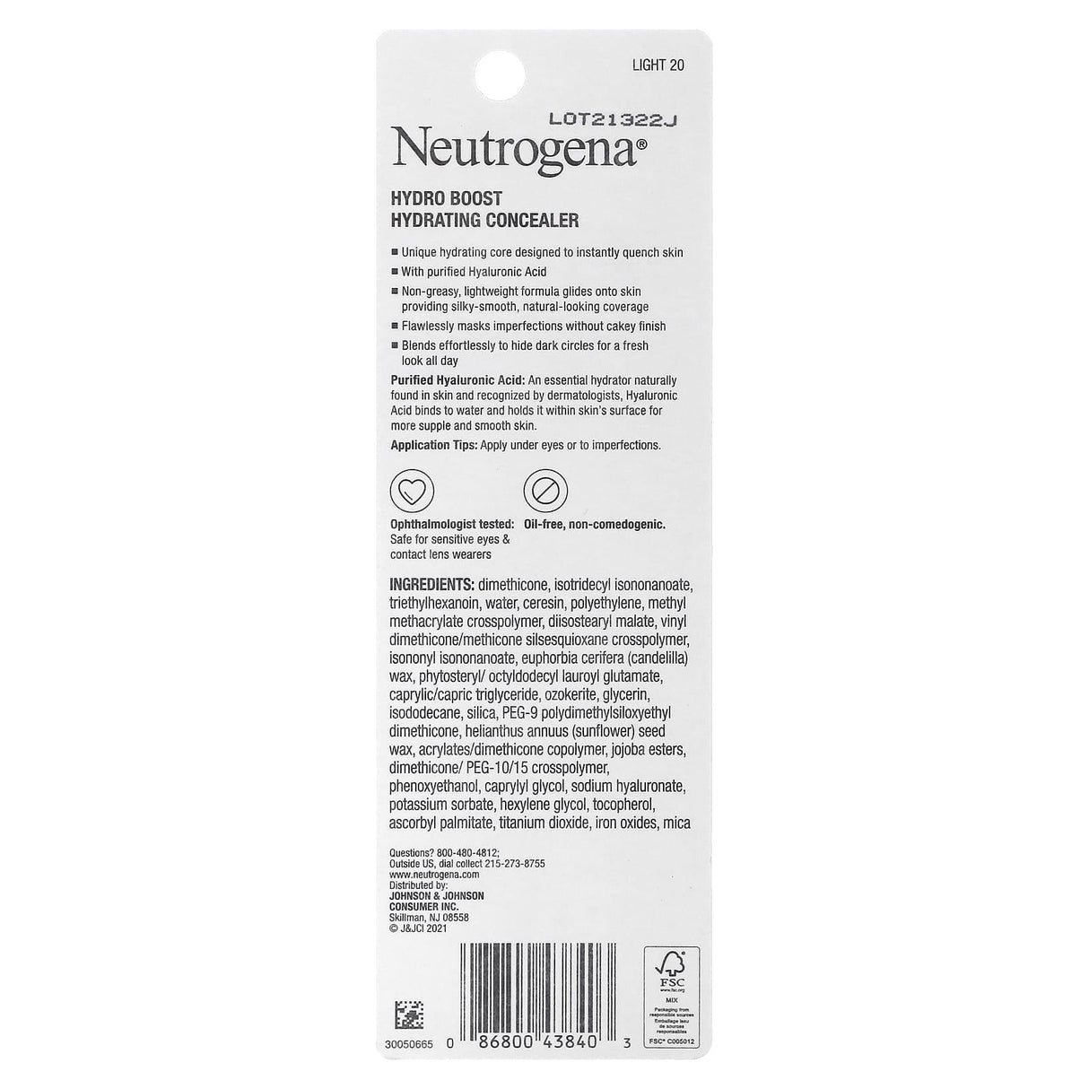 Neutrogena, Hydro Boost Hydrating Concealer, Light 20, 0.12 oz (3.4 g) - Supply Center USA