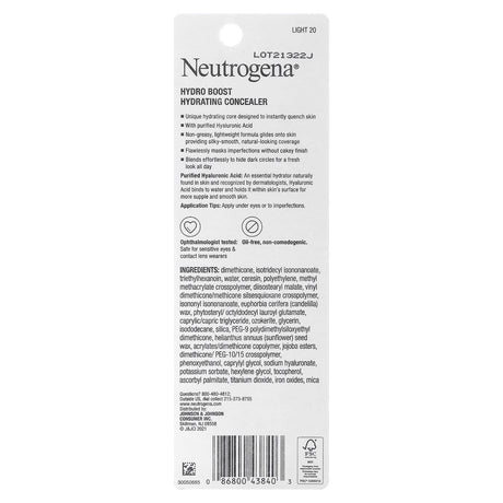 Neutrogena, Hydro Boost Hydrating Concealer, Light 20, 0.12 oz (3.4 g) - Supply Center USA