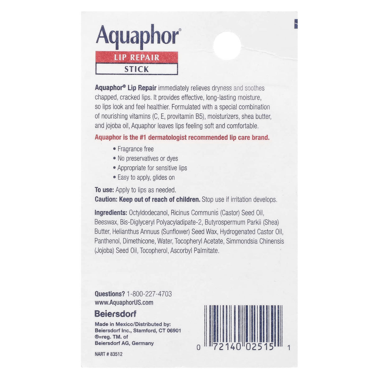 Aquaphor, Lip Repair, Stick, Immediate Relief, Fragrance Free, 1 Stick, .17 oz (4.8 g)