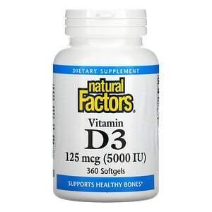 Natural Factors, Vitamin D3, 125 mcg (5,000 IU), 360 Softgels - Supply Center USA