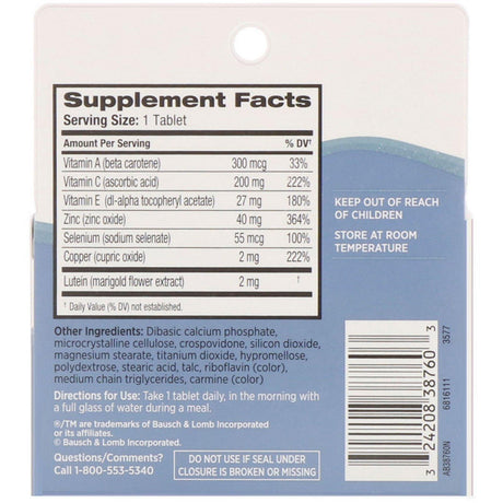 Bausch & Lomb, Eye Vitamin & Mineral Supplement, Lutein & Antioxidants , 60 Tablets - Supply Center USA