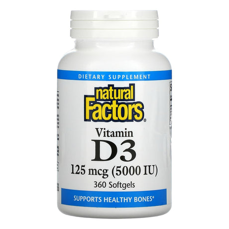 Natural Factors, Vitamin D3, 125 mcg (5,000 IU), 120 Softgels - Supply Center USA