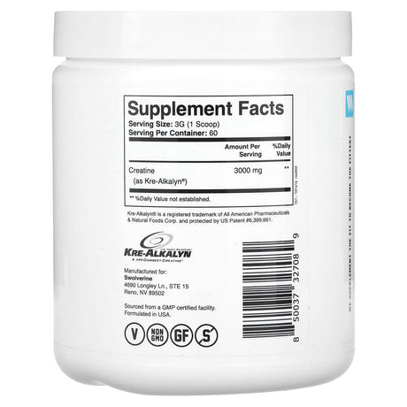 Swolverine, Kre-Alkalyn, Unflavored, 6.34 oz (180 g) - Supply Center USA