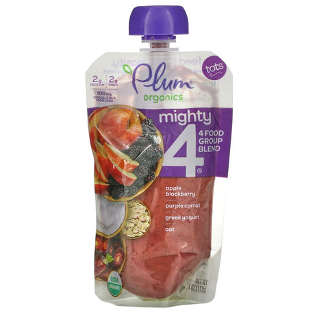 Plum Organics, Mighty 4, 4 Food Group Blend, Tots, Banana, Peach, Pumpkin, Carrot, Greek Yogurt, Oat, 4 oz (113 g) - Supply Center USA