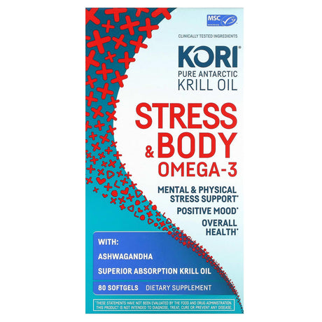 Kori, Pure Antarctic Krill Oil, Stress & Body Omega-3 with Ashwagandha, 80 Softgels - Supply Center USA