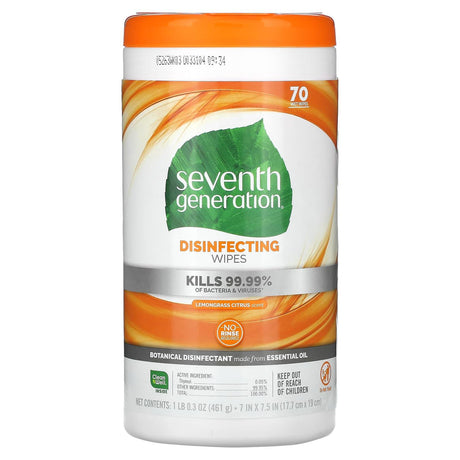 Seventh Generation, Disinfecting Wipes, Lemongrass Citrus, 70 Wet Wipes, 1 lb 0.3 oz (461 g) - Supply Center USA