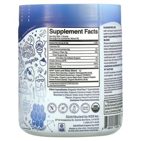 KOS, Kiss Your Blues Away, Calming Blue Spirulina Blend, Berry Coconut Cooler, 9.4 oz (267 g) - Supply Center USA