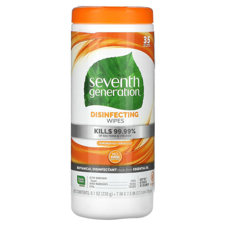 Seventh Generation, Disinfecting Wipes, Lemongrass Citrus, 35 Wet Wipes, 8.1 oz (230 g) - Supply Center USA