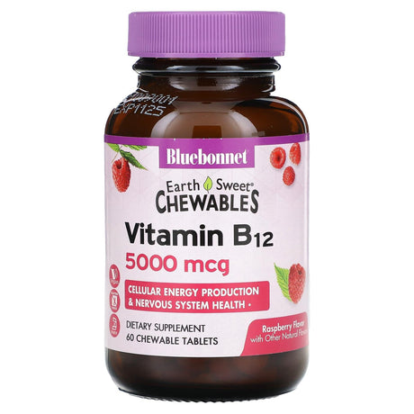 Bluebonnet Nutrition, Earth Sweet Chewables, Vitamin B12, Raspberry, 5,000 mcg, 60 Chewable Tablets - Supply Center USA