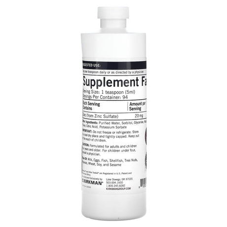 Kirkman Labs, Zinc Liquid, Natural Raspberry , 16 oz (473 ml) - Supply Center USA