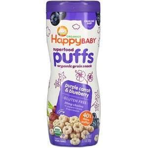 Happy Family Organics, Superfood Puffs, Organic Grain Snack, Purple Carrot & Blueberry, 2.1 oz (60 g) - Supply Center USA