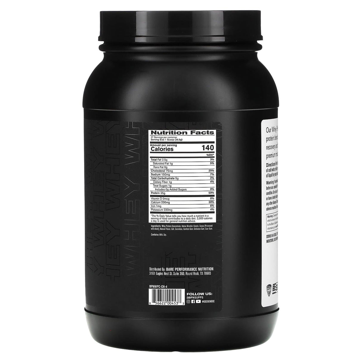 Bare Performance Nutrition, Whey Protein, Fudge Chocolate, 2 lbs, (985 g) - Supply Center USA