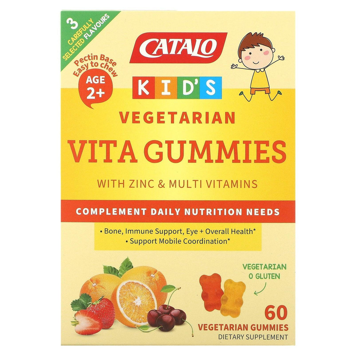 Catalo Naturals, Kid's Vegetarian Vita Gummies with Zinc & Multivitamins, Age 2+, Strawberry, Cherry & Orange, 60 Vegetarian Gummies - Supply Center USA