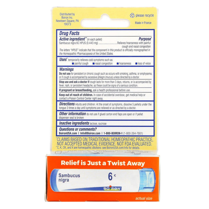 Boiron, Sambucus, Cough & Cold Relief, Meltaway Pellets, Approx. 80 Pellets - HealthCentralUSA