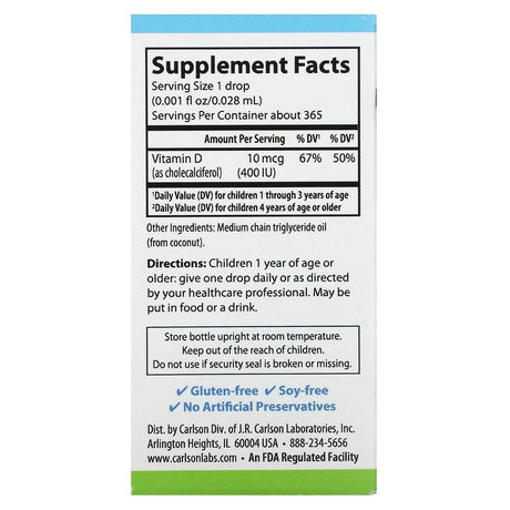 Carlson, Kids Super Daily D3, 10 mcg (400 IU ), 365 Vegetarian Drops, 0.35 fl oz (10.3 ml) - Supply Center USA