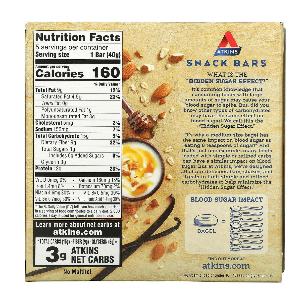 Atkins, Snack, Honey Almond Greek Yogurt Bar, Gluten Free, 5 Bars, 1.41 oz (40 g) Each - Supply Center USA