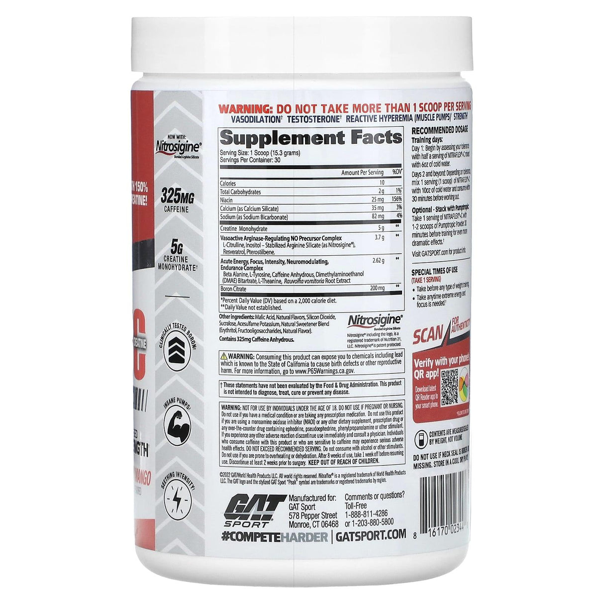 GAT, NITRAFLEX + Creatine, Strawberry Mango, 16.2 oz (459 g) - Supply Center USA