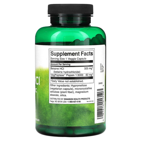 Swanson, Betaine HCl Hydrochloric Acid with VegPeptase, 250 Veggie Capsules - Supply Center USA