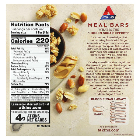 Atkins, Protein Meal Bar, Peanut Butter Granola Bar, 5 Bars, 1.76 oz (50 g) Each - Supply Center USA