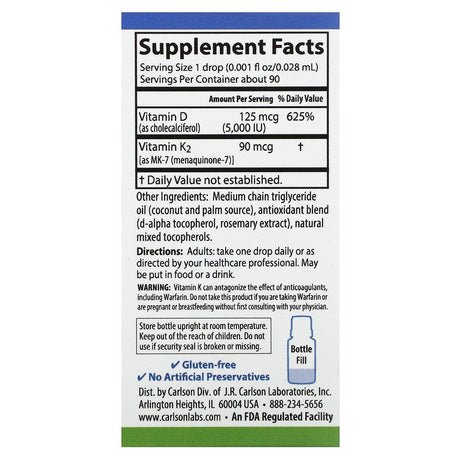 Carlson, Super Daily D3 + K2, 125 mcg (5,000 IU) & 90 mcg, 90 Vegetarian Drops, 0.086 fl oz (2.54 ml) - Supply Center USA